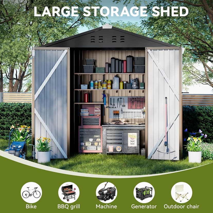 COMHOMA Shed Outdoor Storage Shed Metal,Lockable Doors Tool Sheds with Sloping Roof,Steel Garden Shed with Air Vent for Backyard,Patio,Lawn,Poolside (Brown, 6x4)