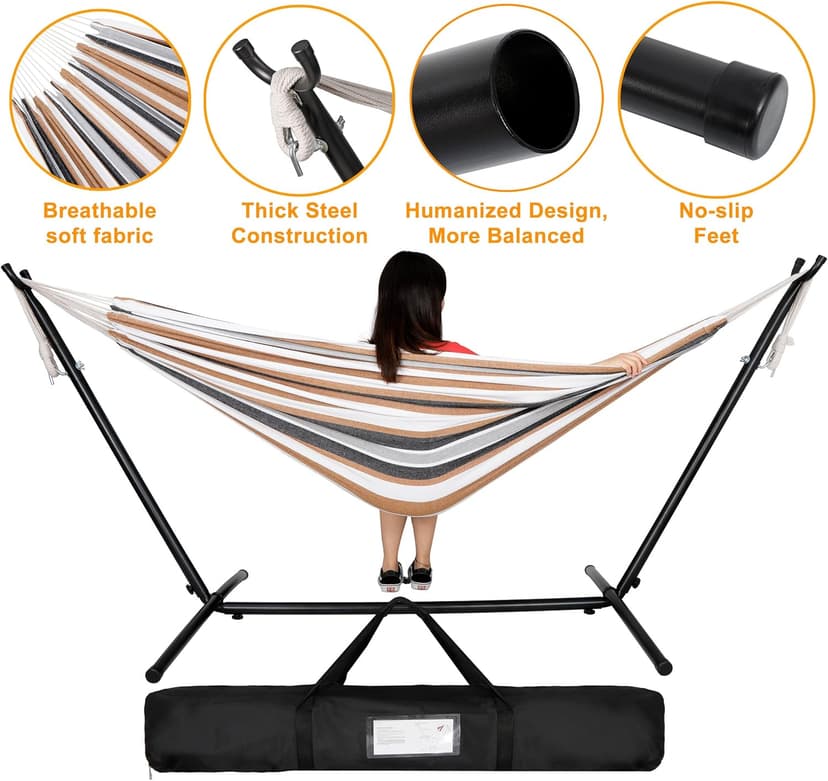 SUPER DEAL Portable 2 Person Hammock with 9FT Hammock Stand, 620 LBS Capacity Adjustable Hammock Bed with Space Saving Carrying Case Included for Camping Garden Backyard Patio Indoor Outdoor