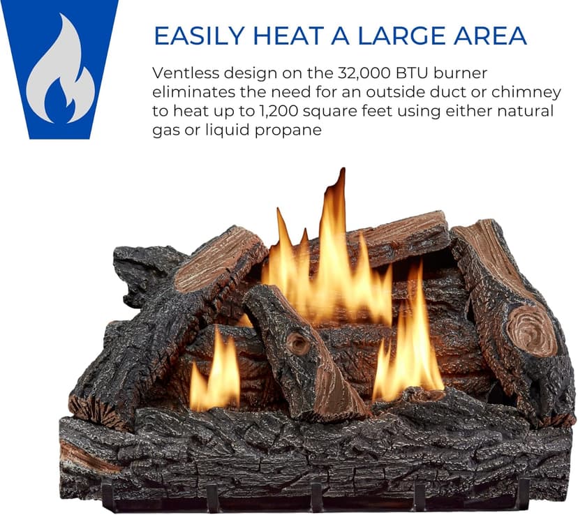 VFL24T Dual Fuel Ventless Fireplace Logs Set with Thermostat, Use with Natural Gas or Liquid Propane, 32000 BTU, Heats up to 1100 Sq. Ft, Brown, 24 Inches, Brown