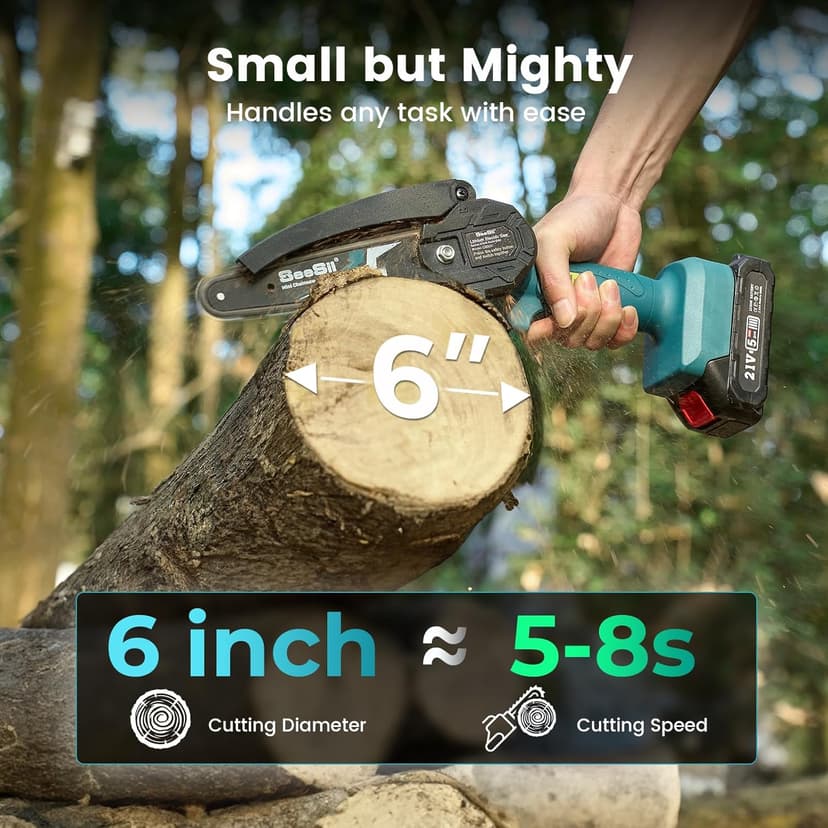 Seesii Mini Chainsaw Cordless 6-inch, Handheld Electric Power Chain Saw with 2 Batteries, for Tree Trimming Wood Cutting, Best Gifts for Dad, Husband