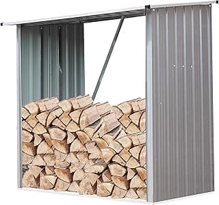 Hanover Indoor or Outdoor Firewood Rack, Open Wood Shed, Wood Storage Sheds, Galvanized Steel Outdoor Storage Box, 5.3-Ft. x 3.75-Ft. x 5-Ft., Stainless Steel Backyard Shed
