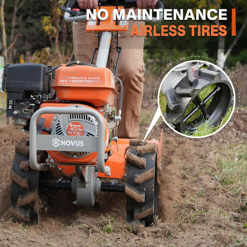 NOVUS18-Inch 212cc Dual Direction Rear Tine Tiller, Full Gear Transmission, Dual Rotating Tines, Airless Tires, Gas Tiller for Gardenig, Garden tillers Gas Powered