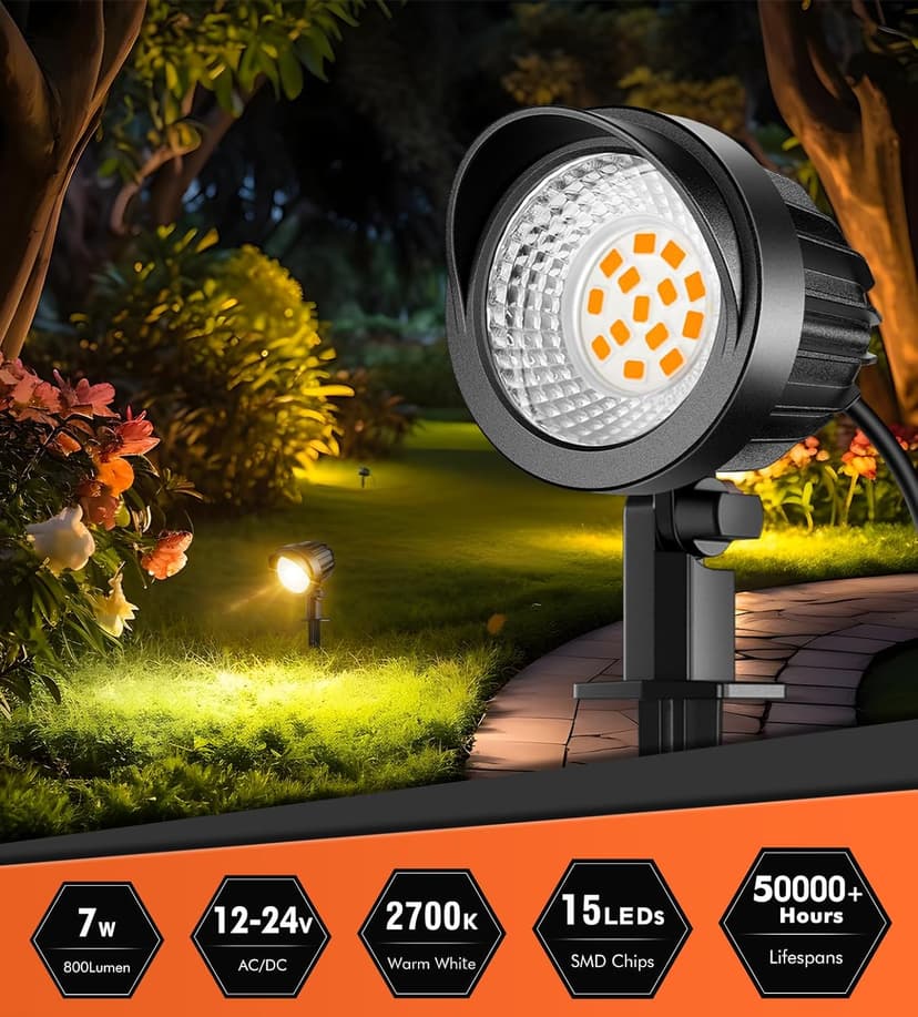 MEIKEE 7W Low Voltage LED Landscape Lights 800LM 12V Outdoor Landscape Lighting 2700K Warm White IP66 Waterproof Garden Pathway Lights Yard Lawn Spotlights with Connectors (4 Pack)