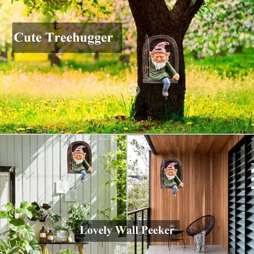 Gnome Statue Tree Face Outside Yard Art Outdoor Statue, 12 Inch Elf Out of The Window Tree Decor and Yard Decorations, Whimsical Gnomes Garden Sculptures & Statues, Fairy Tree Peeker Ornaments