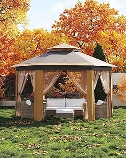 Pop Up Gazebo 13x13Ft, Outside Canopy Tent with 6 Pcs Mosquito Netting, One Push Setup for Backyard Patio Garden Activities - Khaki & Beige