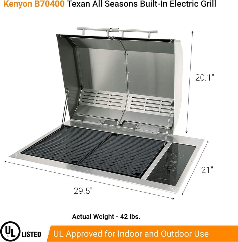 KENYON Texan Built-In Electric Grill, UL-Approved For Indoor And Outdoor Use, Stainless Steel Body, Rust-Proof Grill, Quick Heat Up, Alternative For Gas And Charcoal Grill, Dishwasher Safe Grates