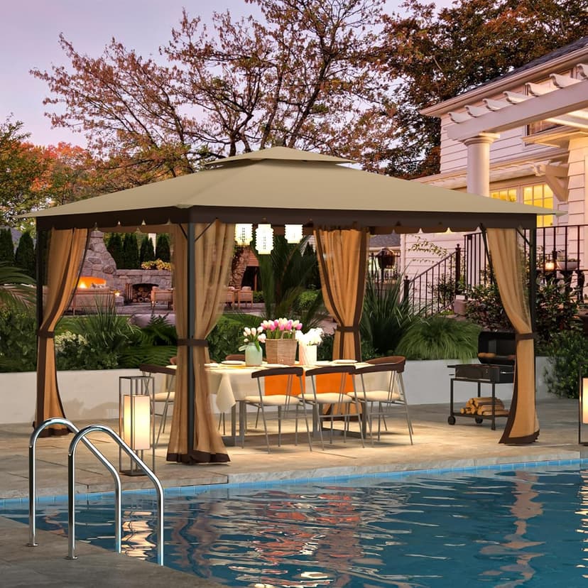 [New-Gen] Outdoor Patio Gazebo10x12,Gazebo with Mosquito Netting[Sturdy Metal Heavy Duty Frame],Outdoor Canopy Gazebos with Double Air Roofs,Outdoor Gazebo Tent,Waterproof Sunshade for Backyard/Deck