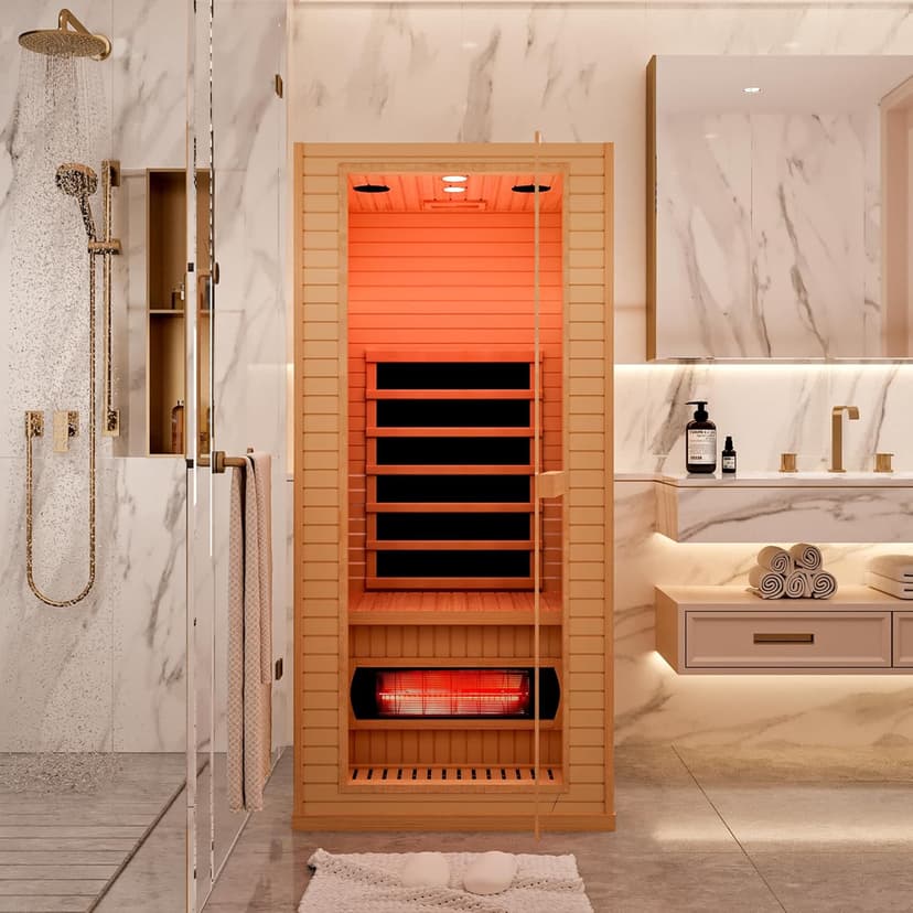 1 Person Infrared Sauna, Full Spectrum Roomy Sauna for Home, Indoor Dry Sauna with Rapid Heating 4 Carbon Panels&1 Carbon Tube, Bluetooth and 7 Color Therapy Lights, 110V