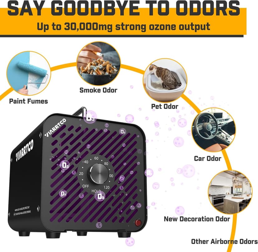 Ozone Machine Generator 30000mg/h - 6000+ Sq. Ft. Ozone Machine Odor Removal for Home and Car with 120min timer All Metallic Black