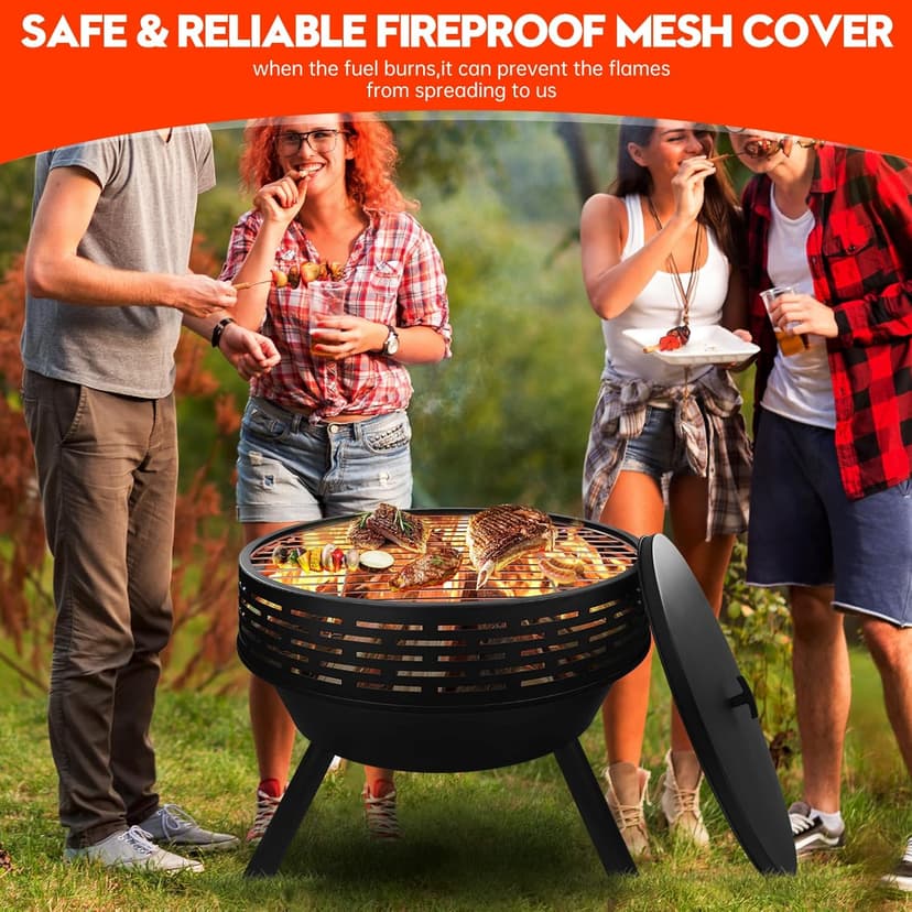 23 Inch Cast Iron Round Fire Pit with Grill, 3-in-1 Outdoor Fire Bowl, Fire Pit Table with Metal Lid and Fire Poker, Wood Burning Firepit for BBQ Bonfire Patio Picnic