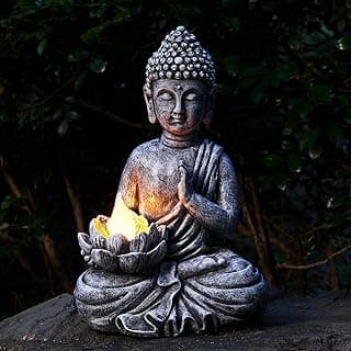 Yiosax-Solar Buddha Statue for Outdoor-Garden Solar Zen Buddha Sculpture - Buddha Flickering LED Lotus Garden Light Waterproof Zen Garden Decor Gift 11.81 Inch