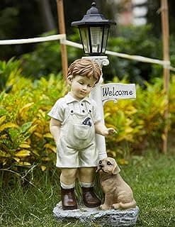 Solar Boy Statue Welcome Sign Garden Statues for Garden Decor, Porch, Lawn, Yard Art Decorations, Resin 23.2H inch