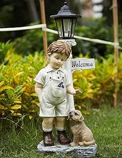 Solar Boy Statue Welcome Sign Garden Statues for Garden Decor, Porch, Lawn, Yard Art Decorations, Resin 23.2H inch