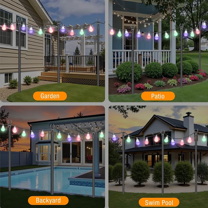 String Light Poles 4 Pack,10FT Metal String Light Poles for Outside, Adjustable Outdoor Poles for Patio, Deck, Garden, Wedding, Backyard, Christmas Party Decor, Sturdy with Hooks(Bulb Not Included)