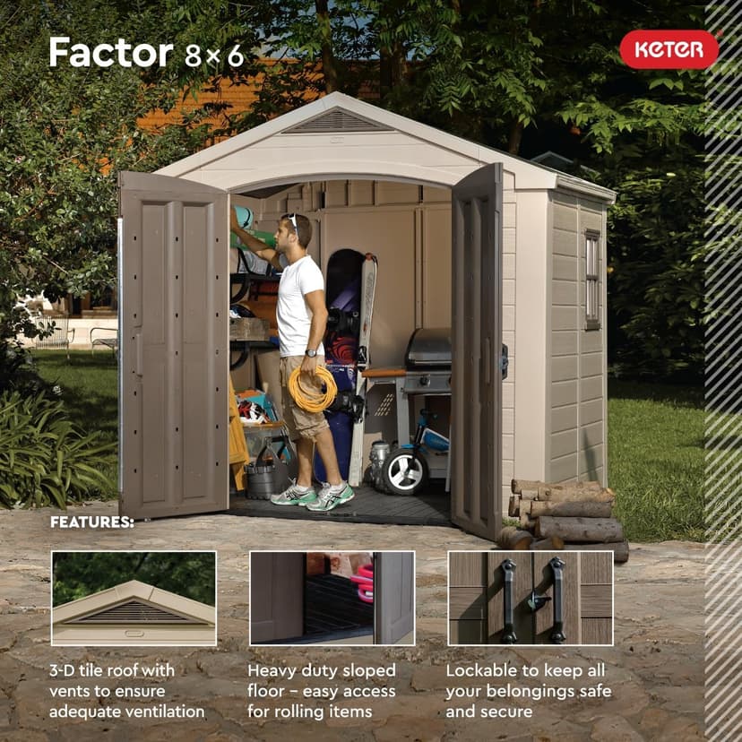 Keter Factor 8x6 Large Resin Outdoor Storage Shed for Patio Furniture, Lawn Mower, Garden Accessories Yard Tools, and Pool Toys, Taupe