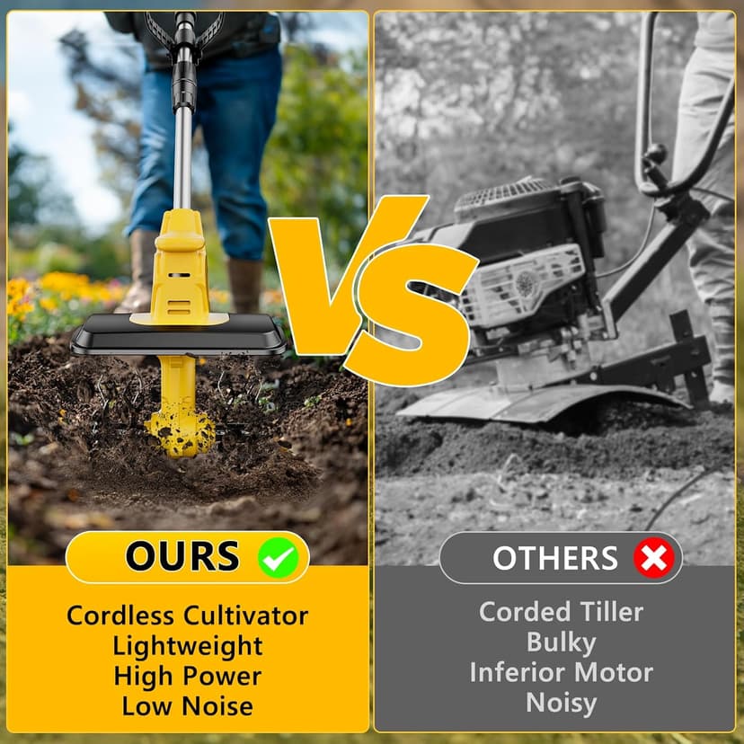 21V Cordless Tiller Cultivator, 360 Max RPM Cordless Electric Garden Tiller with 2 * 3.0 Ah Battery & Fast Charger, 9.06" Tilling Width, 6.3" Depth, Portable Rotary Tiller for Lawn Soil Cultivation