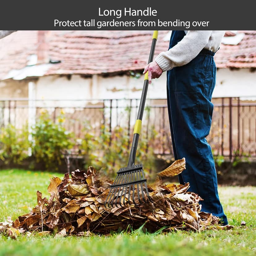 Oliynedy Leaf Rake for Gardening, Adjustable Metal Garden Rake for Leaves Long Handle 30-60", 11 Tines 9" wide Small Lawn Collapsible Yard Adult Kids Rake for Camping Flower Beds Mulch Shrub