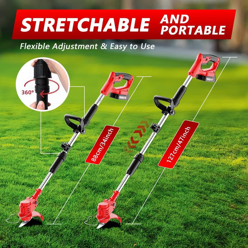 Electric Weed Wacker Cordless with Wheels,21V 2×2000mAh Weed Eater Battery Powered, 6-inch Cordless String Trimmer with 3 Types of Blades, Electric Grass Trimmer,Lawn Edger, Mower for Yard,Garden