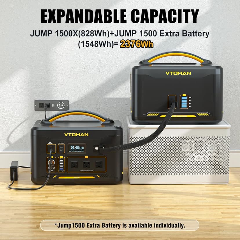 VTOMAN Jump 1500X Portable Power Station 1500W (3000W Peak), 828Wh LiFePO4 (LFP) Battery Powered Generator with Expandable Capacity, 3x Pure Sine Wave 1500W AC Outlets, 2xPD 100W, 3x Regulated 12V DC