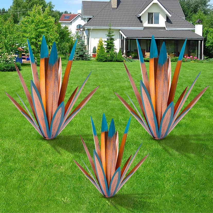 Large Tequila Rustic Sculpture, Rustic Metal Agave Plants for Outdoor Patio Yard, Home Decor Hand Painted Metal Agave Garden Yard Statue, Outdoor Lawn Ornaments (2 Big 1 Small)
