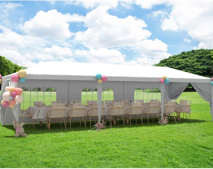 Greesum 10x30 Outdoor Canopy Tent, Patio Gazebo, for Party Wedding BBQ Events with 8 Side Removable Walls, Waterproof Canopies, White