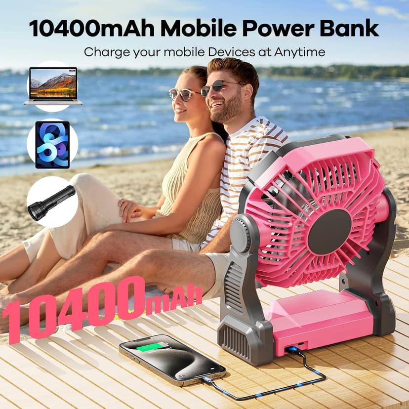 10400mAh Solar Fan with LED Lantern, 10W Solar Panel Rechargeable Battery Powered Camping Fan for Outside, 9 Inch Portable Battery Operated Power Bank for Picnic, Barbecue, Fishing, Travel