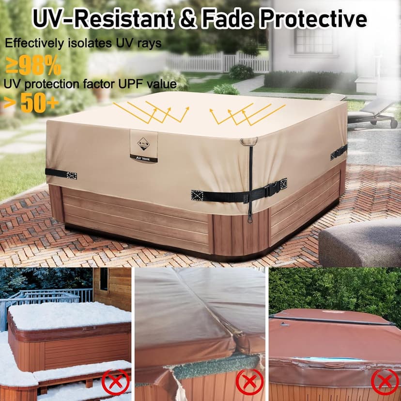 1000N Tearing Strength Hot Tub Cover Protector [900D Upgrade Fabric] 85 x 85 inch fits 84 x 84, 83 x 83, 82 x 82 inch or 81 x 81 Square SPA, Hot Tub Covers Replacement-Wheat