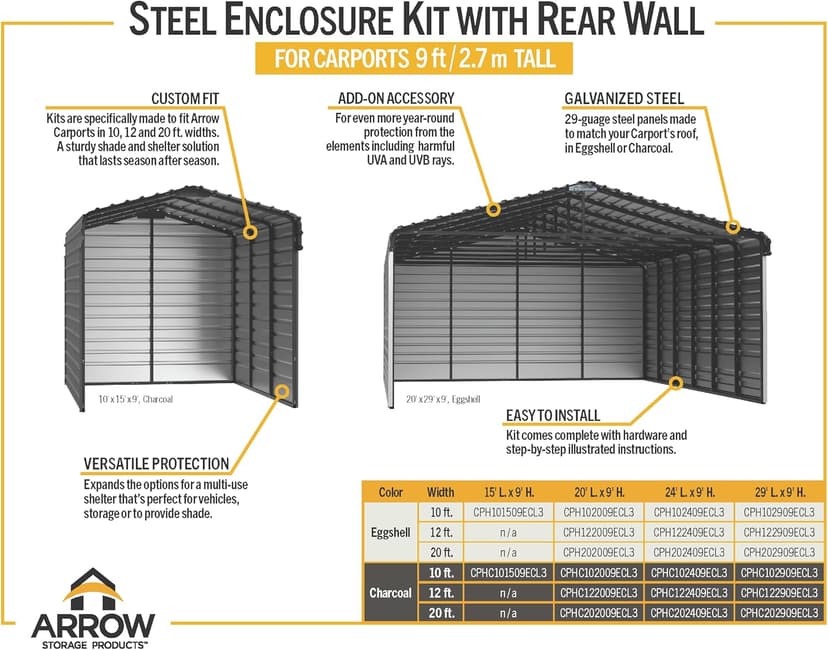 Arrow 10x15x9 3 Sided Carport Charcoal