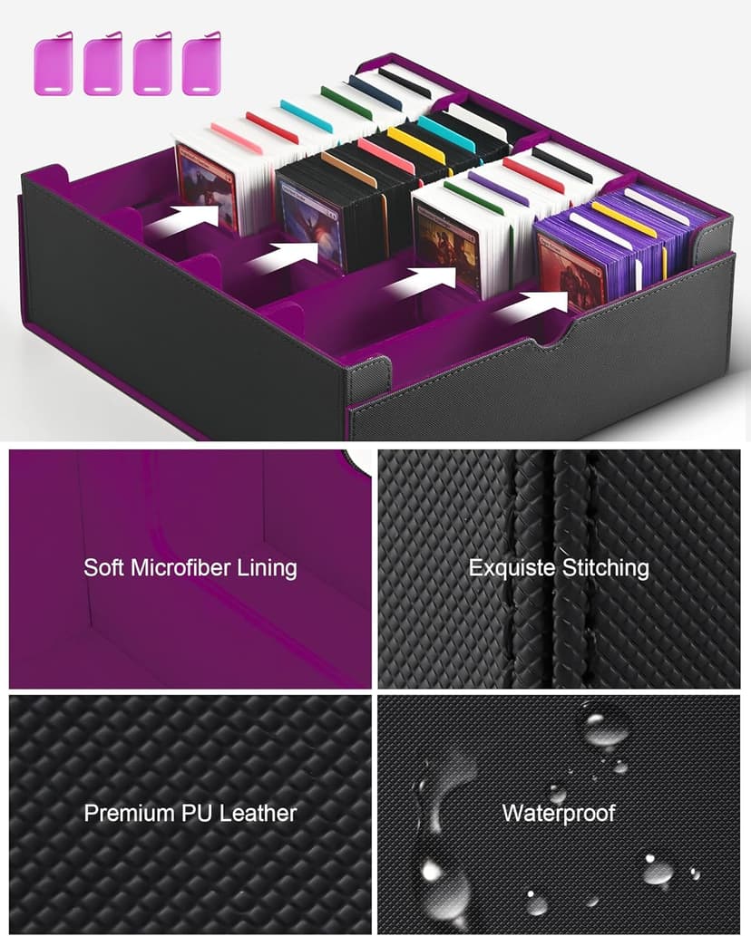 ZLCA Card Storage Box for MTG PTCG, Commander Deck Box Holds 3000+ Cards, Card Storage Case with 4 Stoppers, Card Organizer for TCG Sport Cards(Black&Purple)