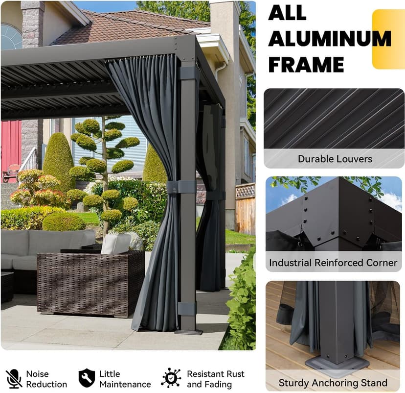 Louvered Pergola 10x12ft, Adjustable Aluminum Pergola with Waterproof Curtains and Nets, Sun & Rain Shade for Patio, Modern DIY Outdoor Living Upgrade, Dark Grey