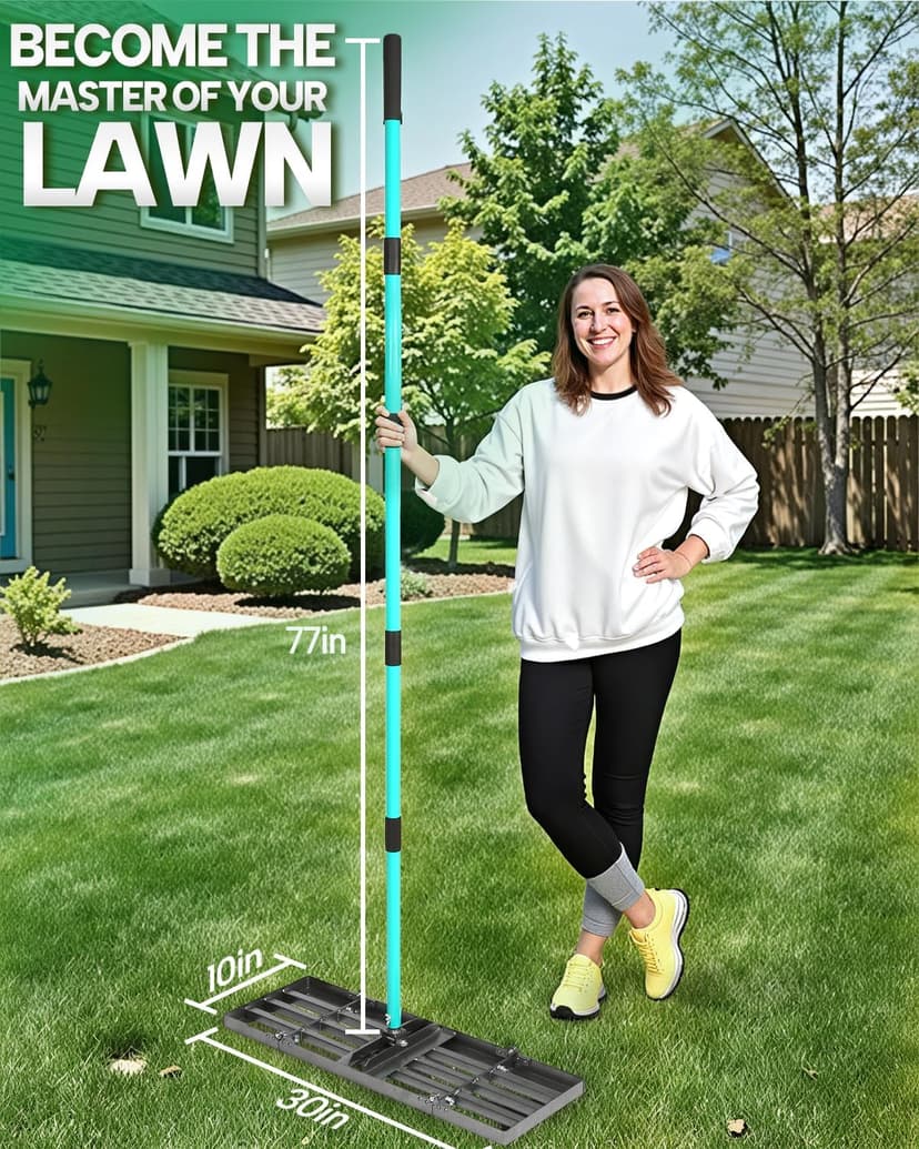 Breeze Touch Lawn Leveling Rake 30x10 Weighted & Collapsible Plate, Heavy Duty Yard Leveler Rake with 77" Adjustable Stainless Steel Handle, Lawn Tools for Gardening, Golf Course, Farm, Pasture