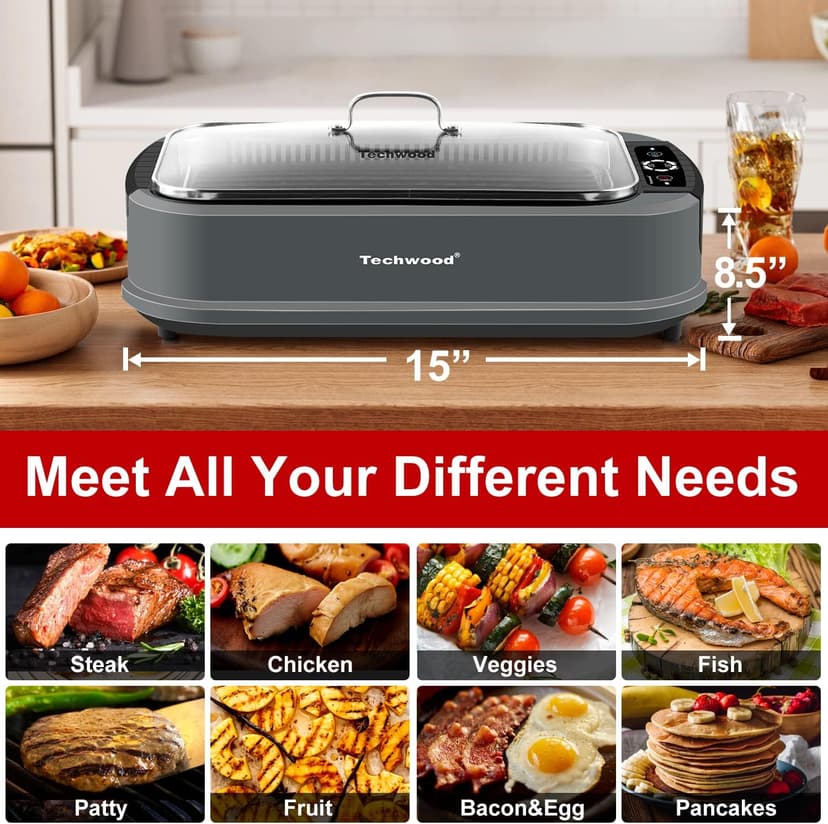 Techwood Indoor Grill Smokeless Grill, 1500W Indoor Korean BBQ Electric Tabletop Grill with Tempered Glass Lid, Removable Grill and Griddle Plates with Drip Tray, Gray