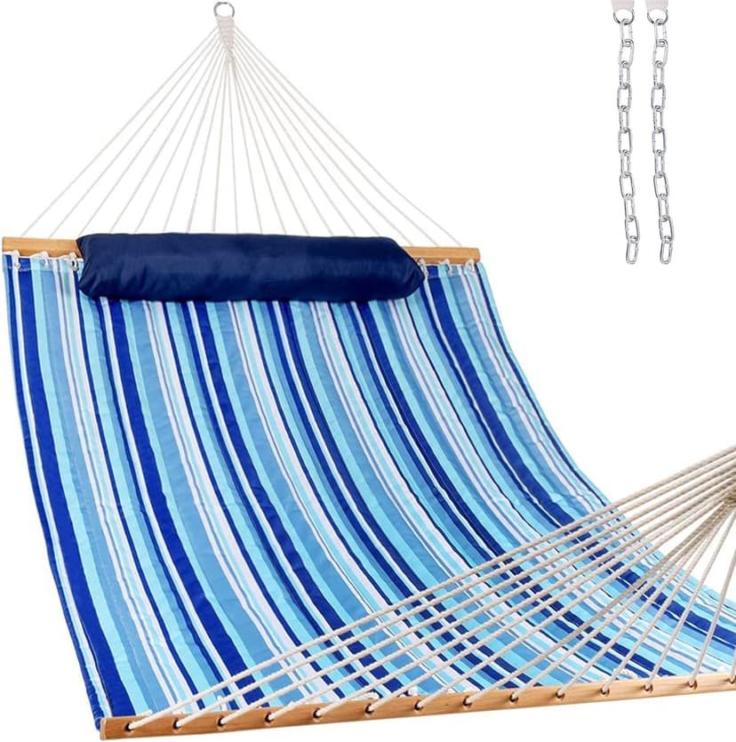 Lazy Daze Hammocks 12 FT Quilted Fabric Double Hammock with Spreader Bars and Detachable Pillow, 450 LBS Weight Capacity, Mixed Blue Stripes