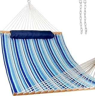 Lazy Daze Hammocks 12 FT Quilted Fabric Double Hammock with Spreader Bars and Detachable Pillow, 450 LBS Weight Capacity, Mixed Blue Stripes