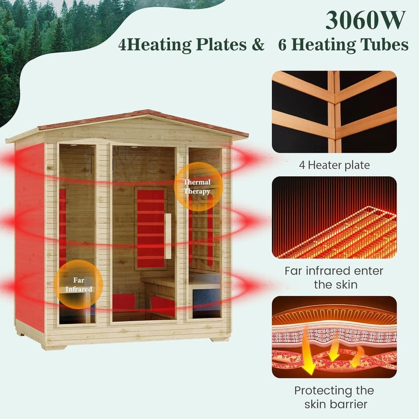 4 Person Outdoor Infrared Sauna - 3D Fast Heating Home Spa Sauna w/Chromotherapy Light, Wooden Sauna Room Kit w/Bluetooth Speaker (CE Certified,220V)