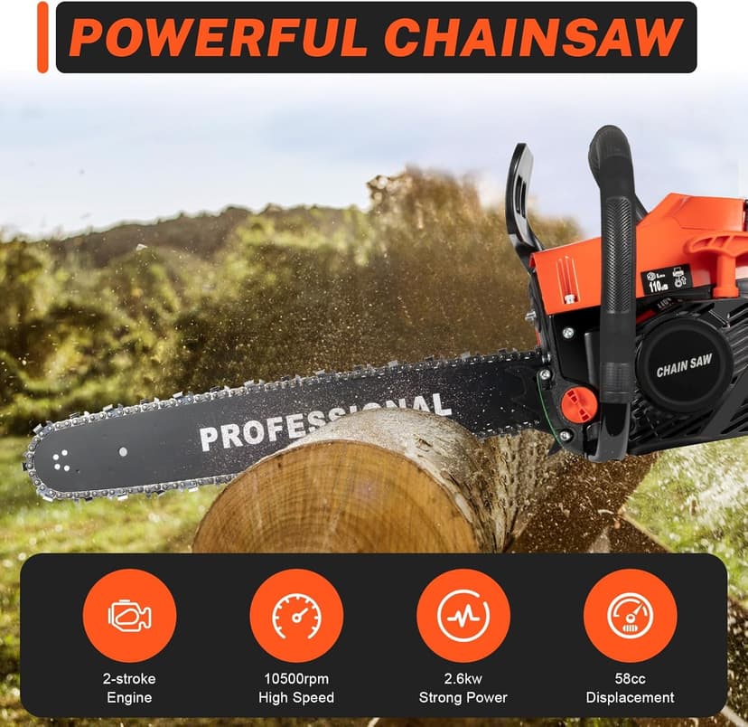 Upgrade 58cc Gas Chainsaw 20 Inch 2-Stroke Gas Powered Chainsaw Air-Cooled Gas Chainsaw Handheld Gasoline Chain Saw for Wood Cutting