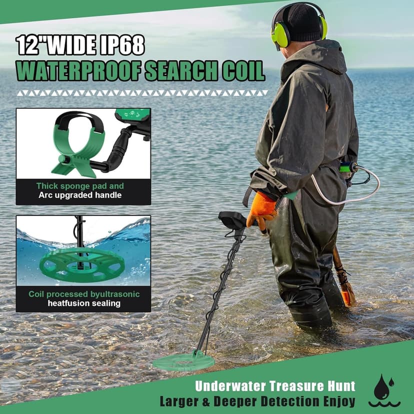 Metal Detector for Adults Waterproof-Professional Higher Accuracy Gold Detector with LCD Display,5 Mode,Advanced DSP Chip 12" Coil(Green)