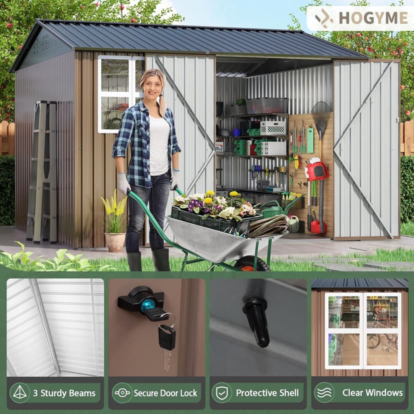 10x10 FT Large Outdoor Storage Shed, Metal Clearance Tiny Home with Windows & Lockable Doors for Backyard Garden, Patio Lawn, Placing Tools/Sundries/Guarder Inhabit/Raise Chickens/Poultry