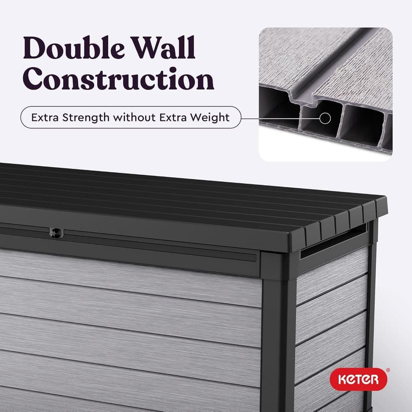 Keter Denali 150 Gallon Resin Large Deck Box with Double Wall 20mm Panels - Paintable and Drillable-Organization and Storage for Patio Storage Box and Outdoor Items, Grey & Black