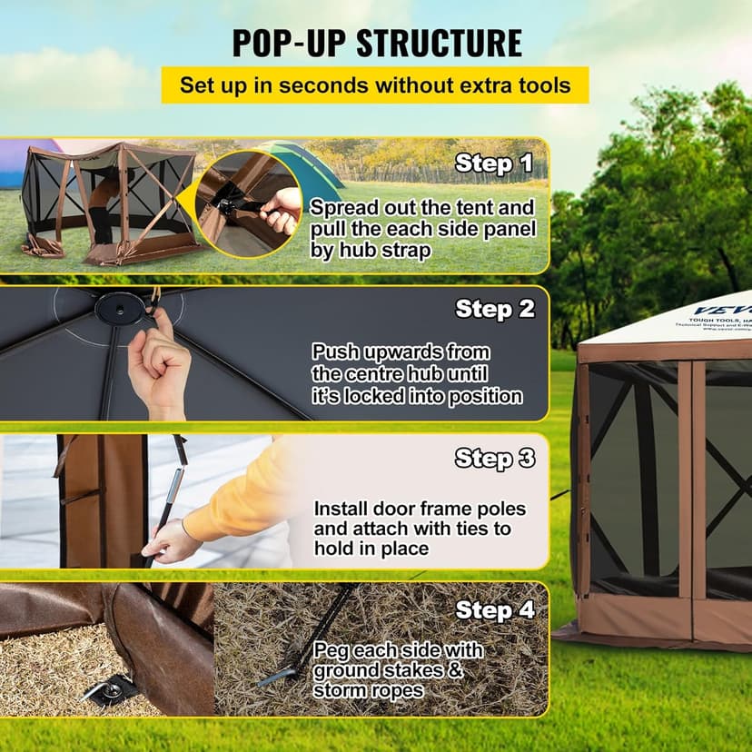 VEVOR Pop Up Gazebo Screen Tent, Pop-Up Instant Gazebo Tent with Mosquito Netting Outdoor Canopy, 6 Sided Sun Shelter 10x10ft with 6 Removable Wind Cloths & 2 Mesh Windows, Pavilion Tent for Patio