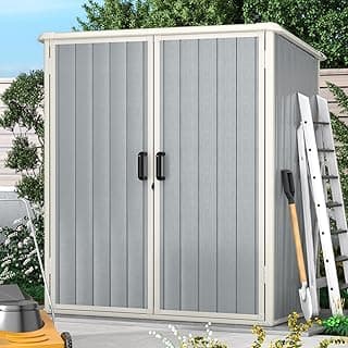 Aoxun Outdoor Storage Shed 5 x 3FT, Resin Shed with Floor and Lockable Door, Plastic Shed for Bike, Garbage Can, Tool, Accessories, Lawn, Garden - Grey