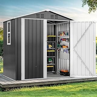 DWVO 6x4ft Metal Outdoor Storage Shed with Window, Lockable Tool Storage Sheds, Steel Garden Sheds with Sloped Roof for Backyard, Patio, Garage, Lawn, Gray + White