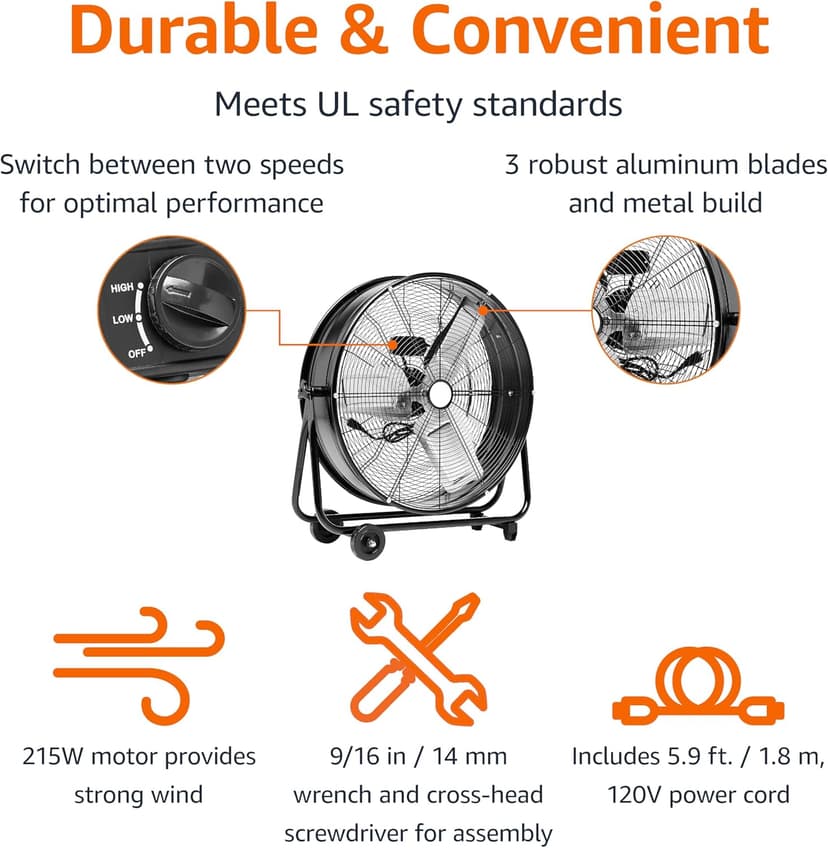 Amazon Basics 24" 215W High-Velocity, Heavy-Duty Industrial Fan, Drum Fan, with UL-Certified Safety Compliance, 2 Speeds, Up to 8820 CFM, 5.9-ft Power Cord, 2 Wheels, Metal Housing/Blades, Black