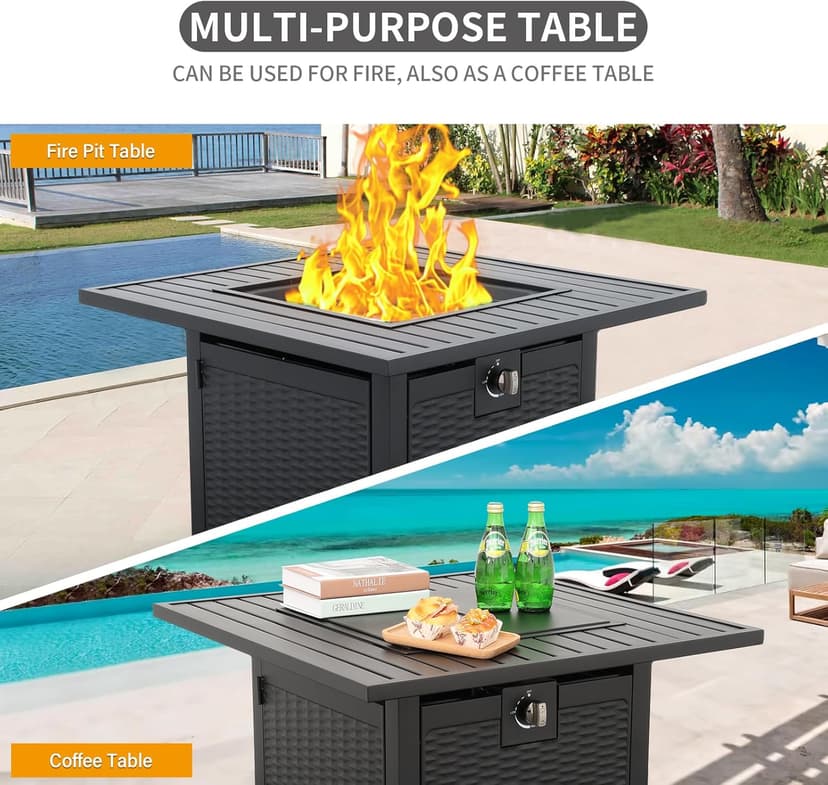 30 Inch Fire Tables 50000 BTU Outdoor Fire Pits for Outside Steel Gas Fire Table with Fire Pit Lid Grille Tabletop and Waterproof Cover and Blue Crystal Beads
