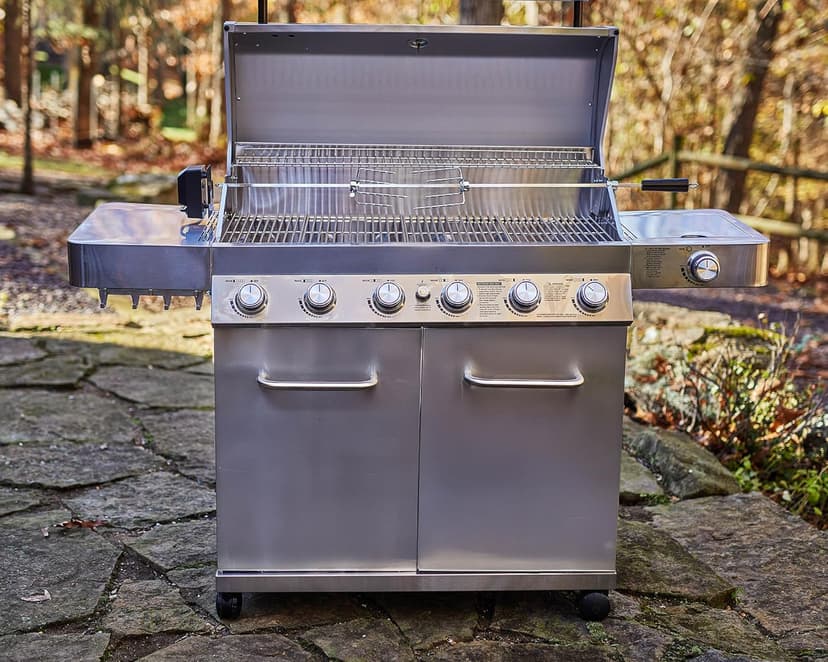 Monument Grills 77352 6-Burner Stainless Steel Cabinet Style Propane Gas Grill with Knob Controls, Side Burner, Built-In Thermometer, and Rotisserie Kit