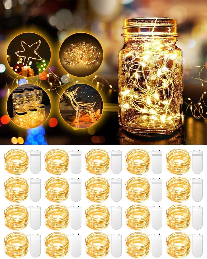 20 Pack Fairy Lights Battery Operated 3.3ft 20 LED Mini Fairy String Lights Waterproof Copper Wire Firefly Starry Lights for Wedding Party Mason Jars Christmas Decorations, Warm White