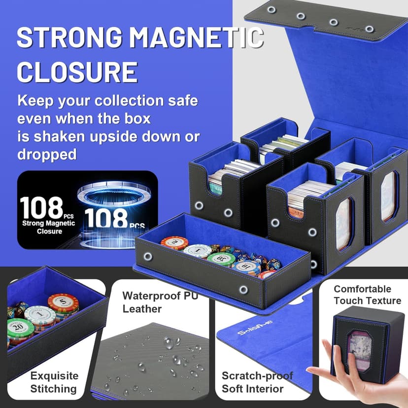 Trading Card Storage Box with Commander Display for MTG, TCG, Sports Cards, 5-in-1 Card Deck Box, Holds 450+ Double-Sleeved Cards, 4 Individual Deck Cases with Covers, Dice Tray & Magnetic Holders