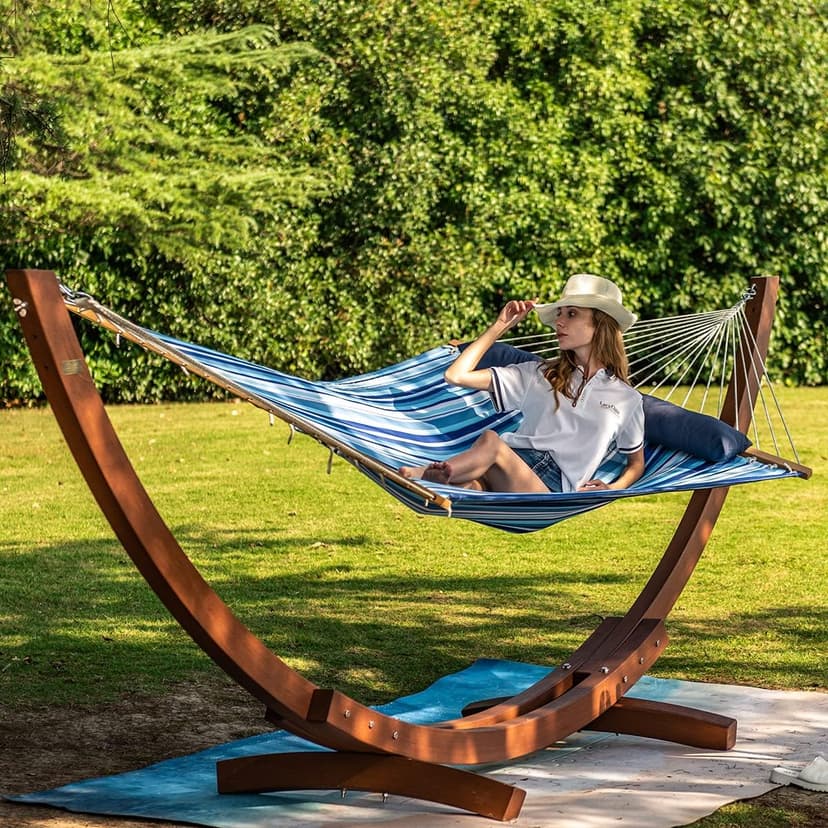 Lazy Daze Hammocks 12 FT Quilted Fabric Double Hammock with Spreader Bars and Detachable Pillow, 450 LBS Weight Capacity, Mixed Blue Stripes
