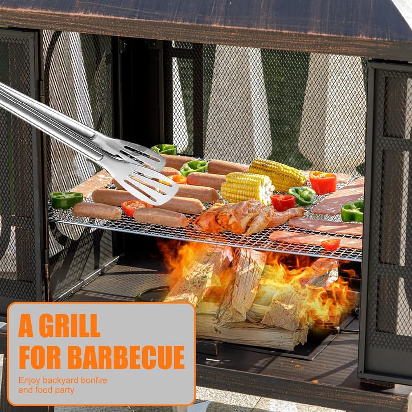 45" H×31''W Metal Chiminea Fire Pit with Grill, Wood Burning Fire Pits for Outside,Square Chimineas Fireplace with Mesh Spark Screen Door& Fire Poker for Garden,Yard,BBQ,Bonfire