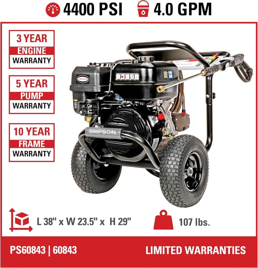 SIMPSON Cleaning PS60843 PowerShot 4400 PSI Gas Pressure Washer, 4.0 GPM, CRX 420cc Engine, Includes Spray Gun and Extension Wand, 5 QC Nozzle Tips, 3/8-inch x 50-foot Monster Hose, 49-State